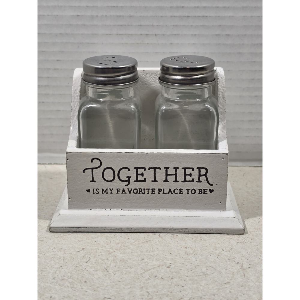 New Salt & Pepper Shaker Set Wood Holder "Together is my favorite place to be"